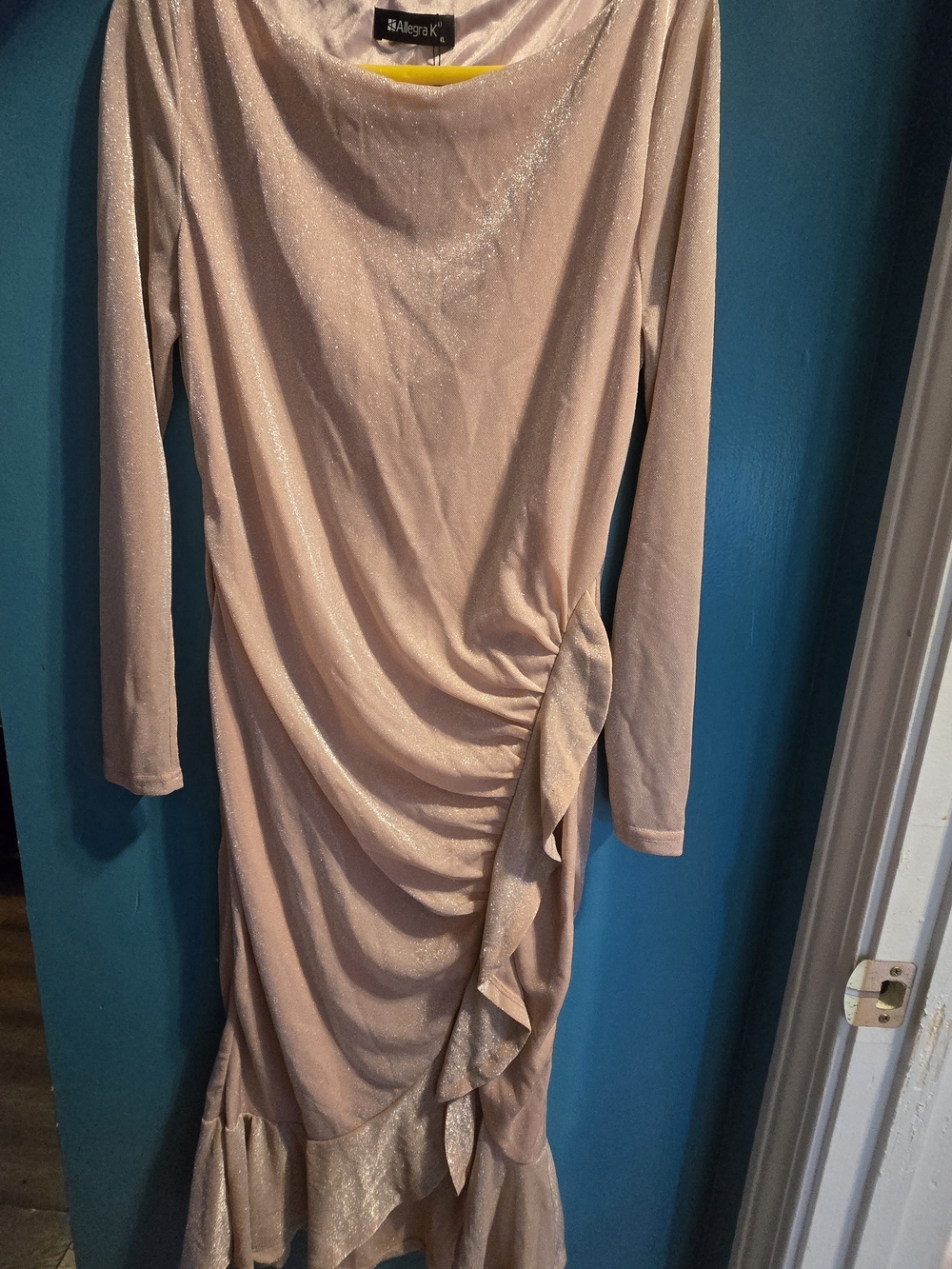 Allegra K Shimmery Light Pink Long Sleeve Ruffle Midi Dress